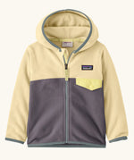 Patagonia 100% recycled polyester little kids micro d snap t hooded jacket in yellow with grey lower half showing full length front zip, side and flap chest pocket