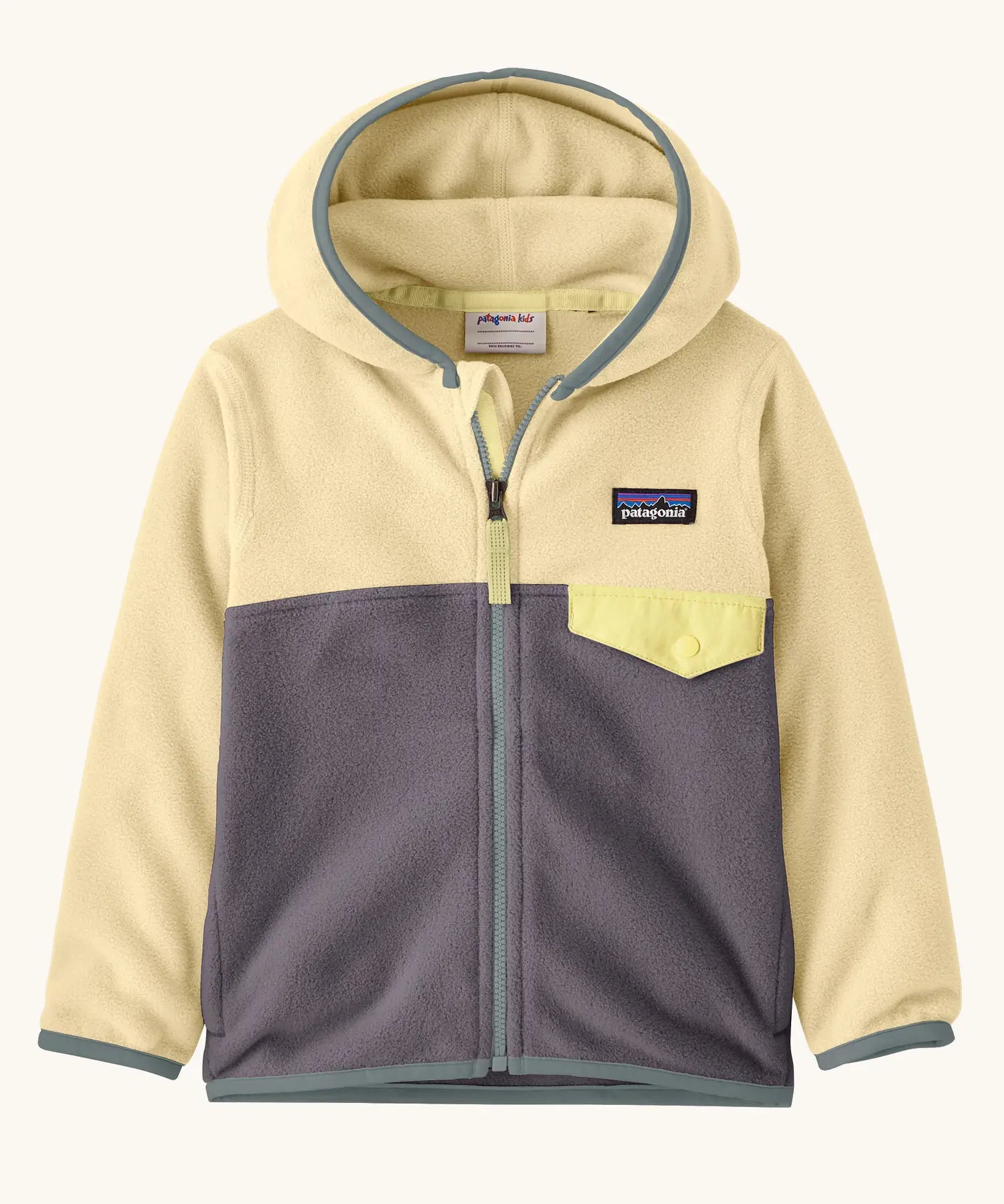 Patagonia 100% recycled polyester little kids micro d snap t hooded jacket in yellow with grey lower half showing full length front zip, side and flap chest pocket