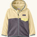 Patagonia 100% recycled polyester little kids micro d snap t hooded jacket in yellow with grey lower half showing full length front zip, side and flap chest pocket
