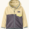 Patagonia 100% recycled polyester little kids micro d snap t hooded jacket in yellow with grey lower half showing full length front zip, side and flap chest pocket