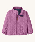 Patagonia Little Kids Nano Puff Jacket  in brisk purple available at Babipur. A vibrant and lightweight jacket with a turned up collar and a full length zip feature.