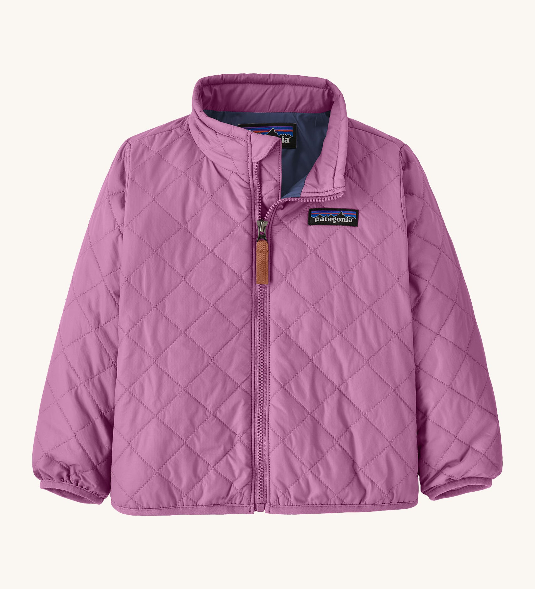 Patagonia Little Kids Nano Puff Jacket  in brisk purple available at Babipur. A vibrant and lightweight jacket with a turned up collar and a full length zip feature.