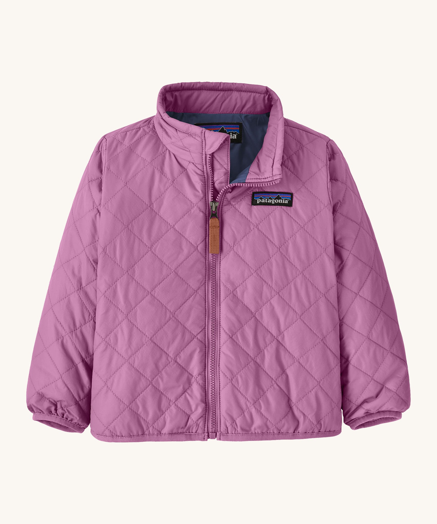 Patagonia Little Kids Nano Puff Jacket  in brisk purple available at Babipur. A vibrant and lightweight jacket with a turned up collar and a full length zip feature.