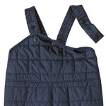 Patagonia kids nano puffer winter overalls in navy available at Babipur showing the popper detail on the shoulder strap