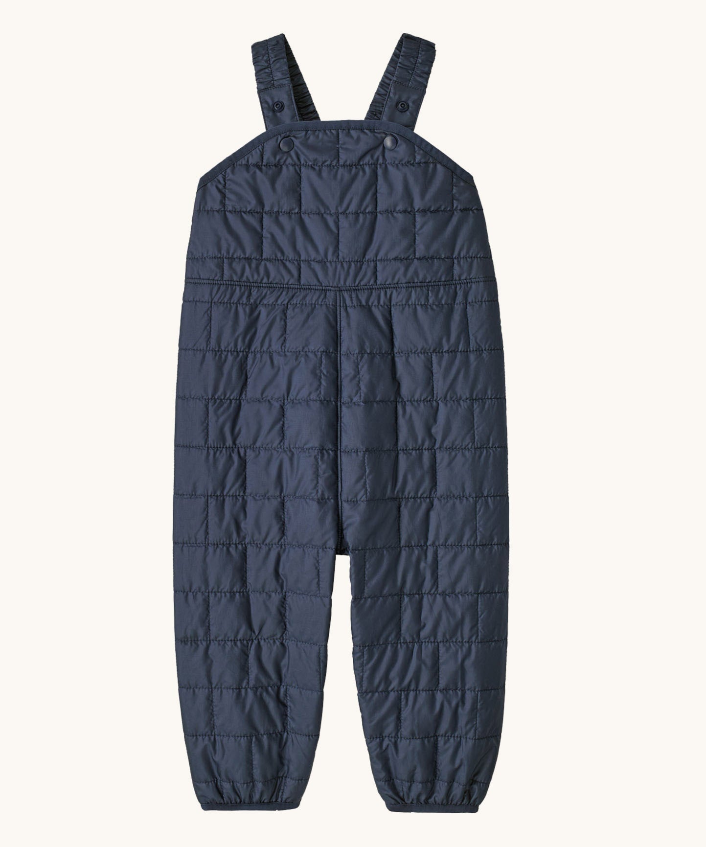 Patagonia kids nano puffer winter overalls in navy available at Babipur . Features popper fasteners on each shoulder strap for size adjustment. 