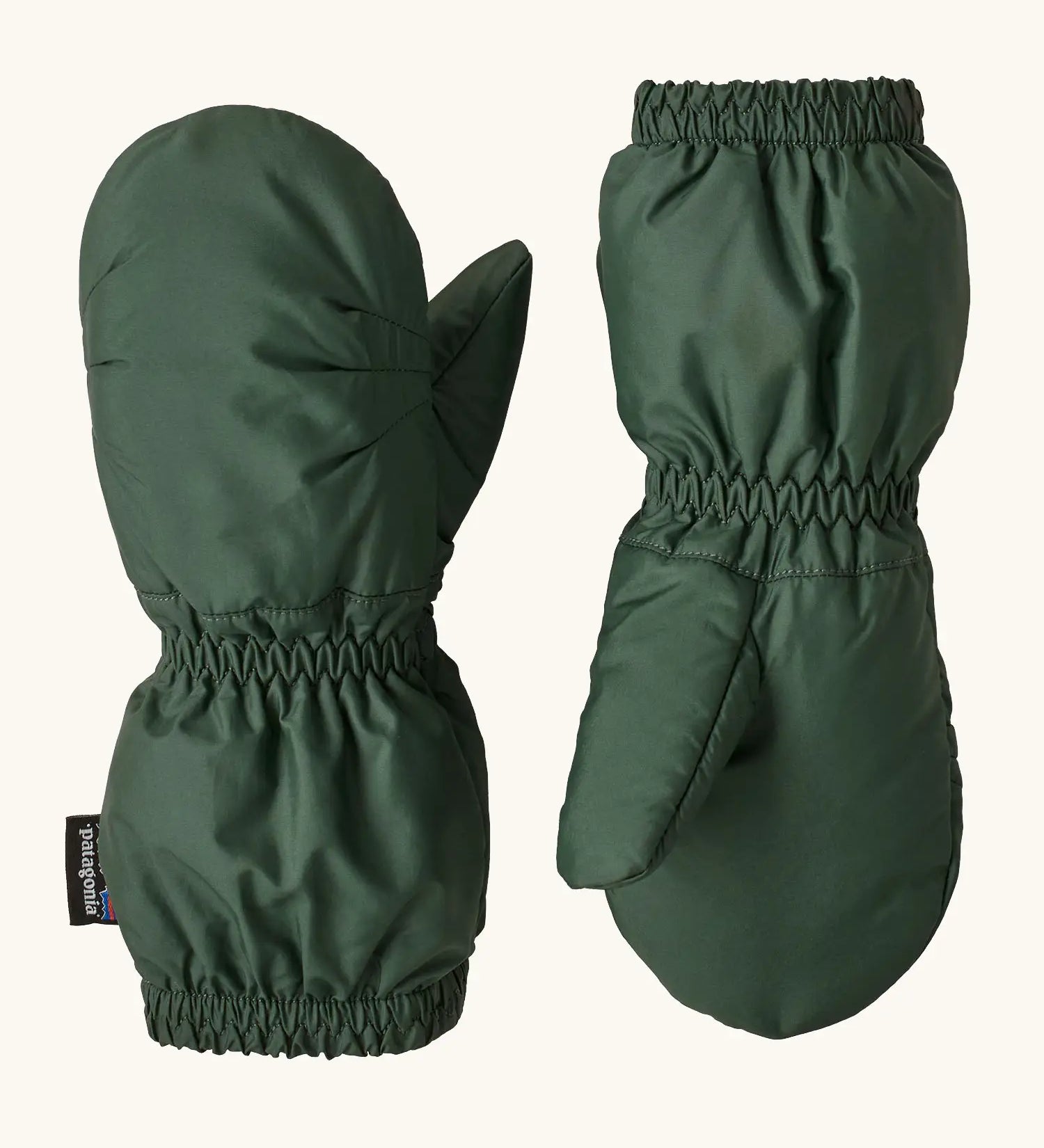 Patagonia little kids insulated and water repellent puff mittens in canopy green made from 100% recycled polyester with elastic wrists