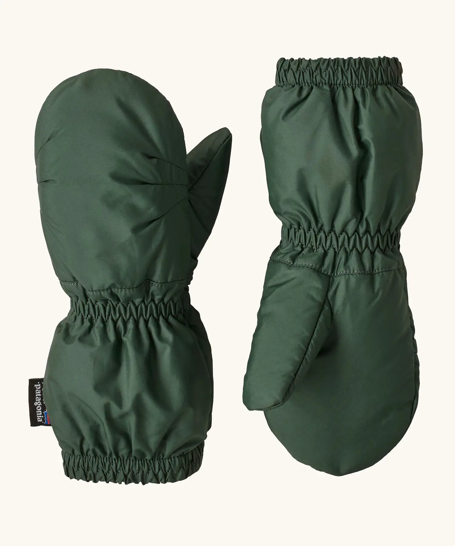 Patagonia little kids insulated and water repellent puff mittens in canopy green made from 100% recycled polyester with elastic wrists