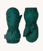 Patagonia little kids puff mitts in cascade green available at Babipur. 100% recycled polyester mittens in dark green with elasticated cuffs for a snug fit. 
