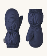 A pair of navy Patagonia mittens available at Babipur. Features elasticated cuffs for a snug fit
