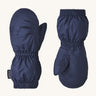 A pair of navy Patagonia mittens available at Babipur. Features elasticated cuffs for a snug fit