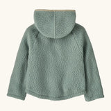 Back of Patagonia little kids retro pile soft fleece hooded jacket in sage green with muted trim.