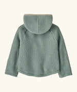 Back of Patagonia little kids retro pile soft fleece hooded jacket in sage green with muted trim.