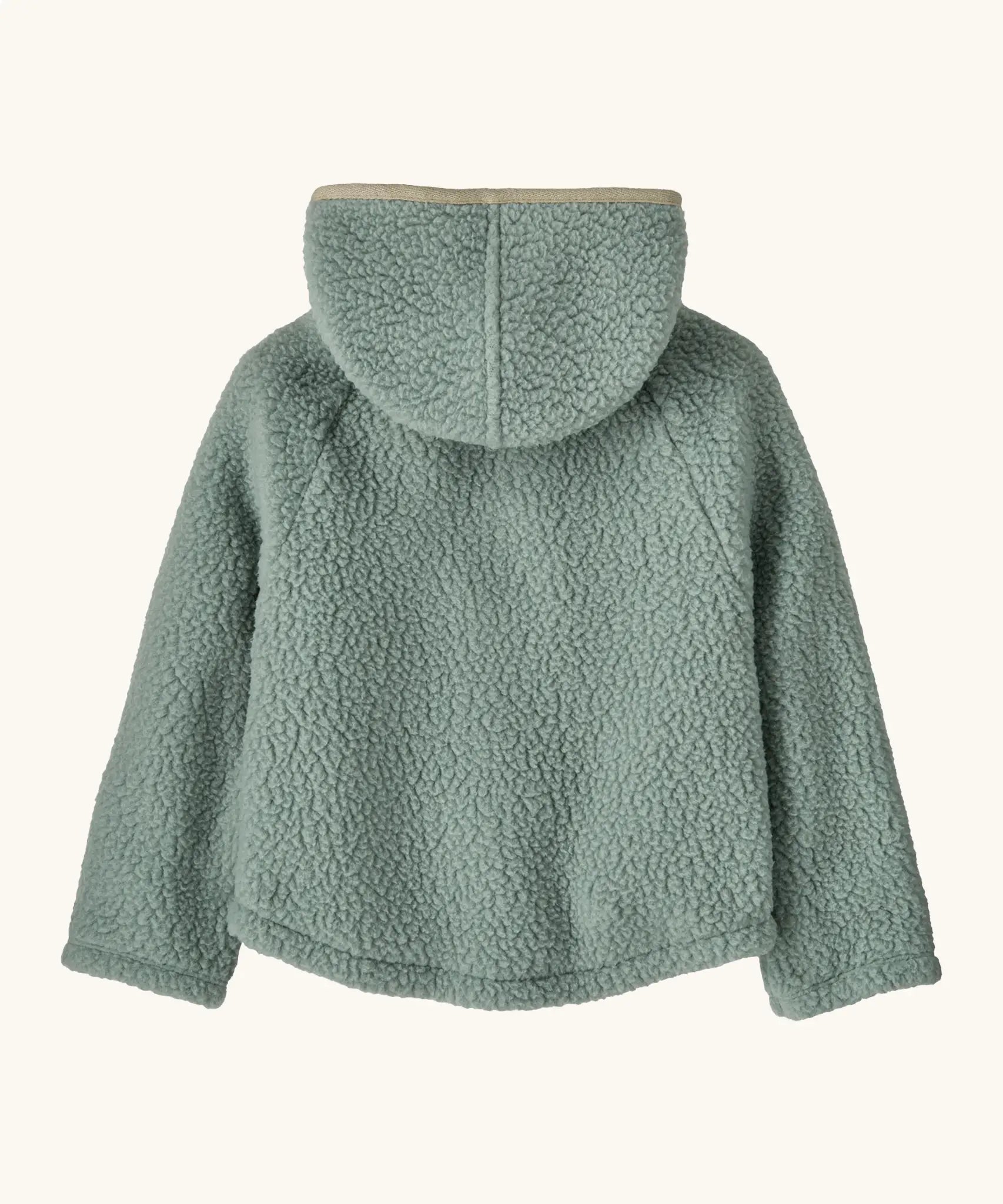 Back of Patagonia little kids retro pile soft fleece hooded jacket in sage green with muted trim.