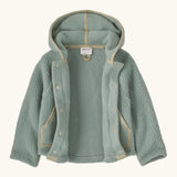 An open Patagonia little kids retro pile soft fleece hooded jacket in sage green with muted trim