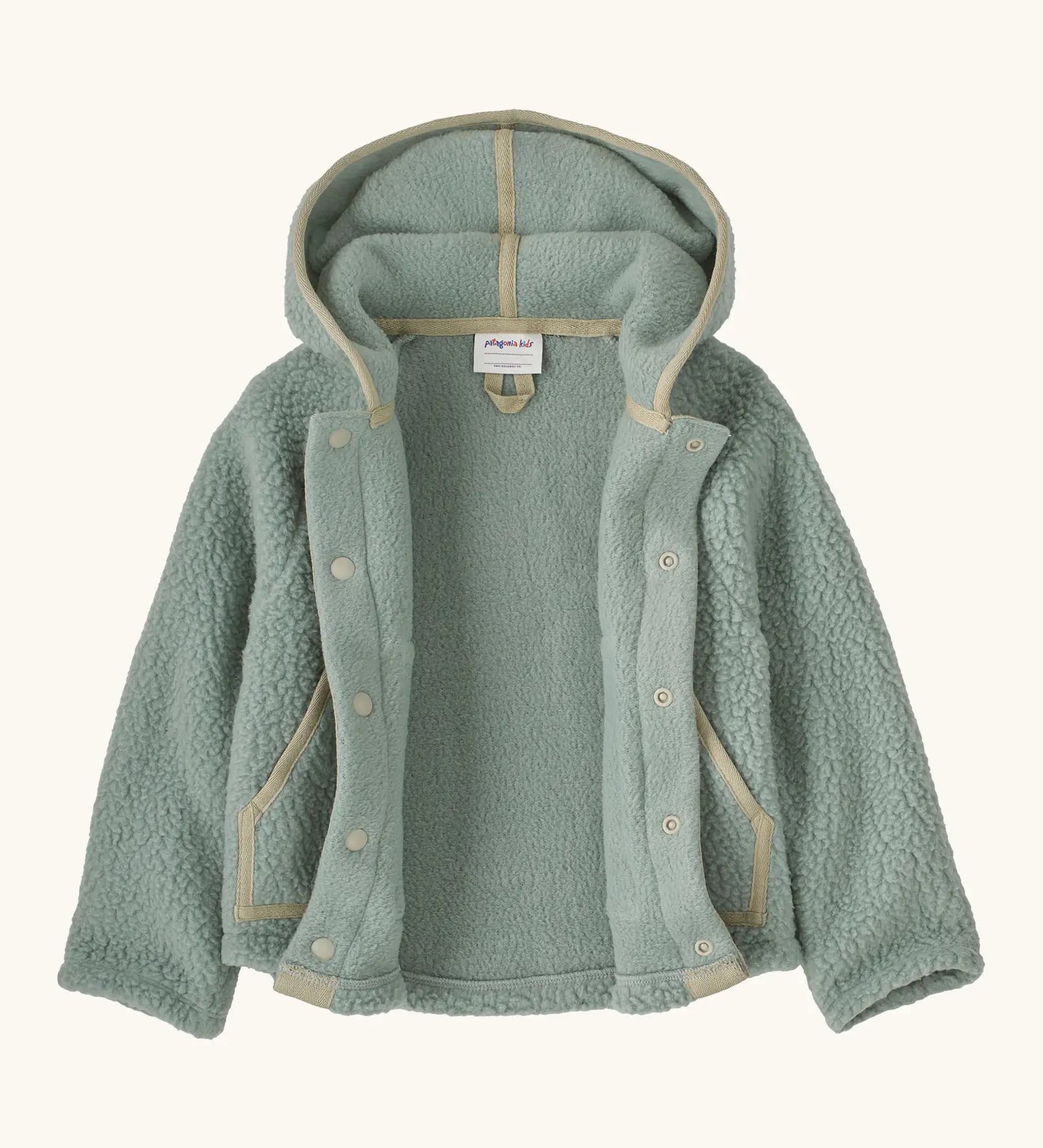 An open Patagonia little kids retro pile soft fleece hooded jacket in sage green with muted trim