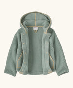 An open Patagonia little kids retro pile soft fleece hooded jacket in sage green with muted trim