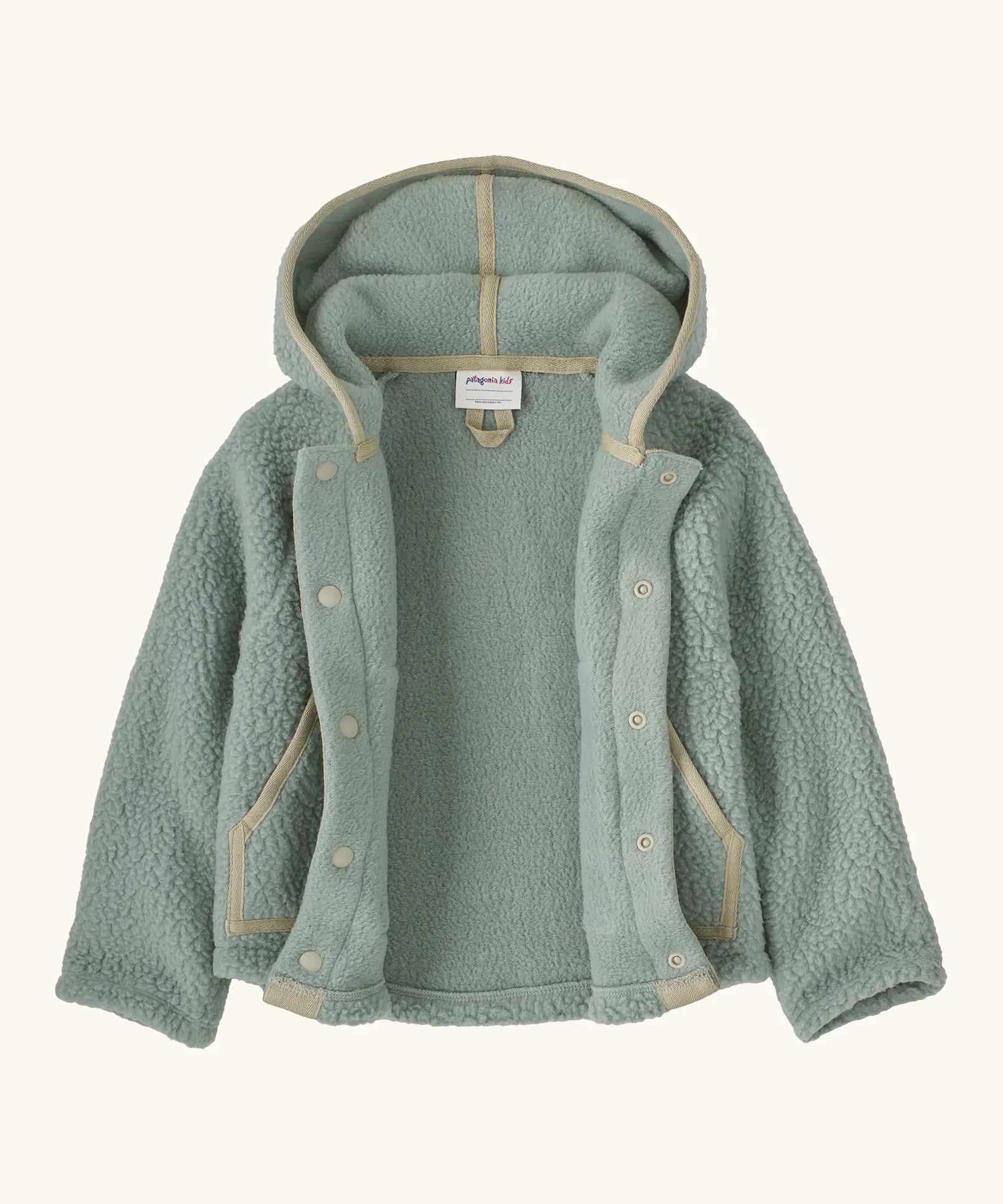 An open Patagonia little kids retro pile soft fleece hooded jacket in sage green with muted trim