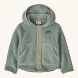 Patagonia little kids retro pile soft fleece hooded jacket in sage green with muted trim. Features full front popper fasteners and pockets