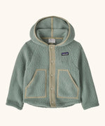 Patagonia little kids retro pile soft fleece hooded jacket in sage green with muted trim. Features full front popper fasteners and pockets