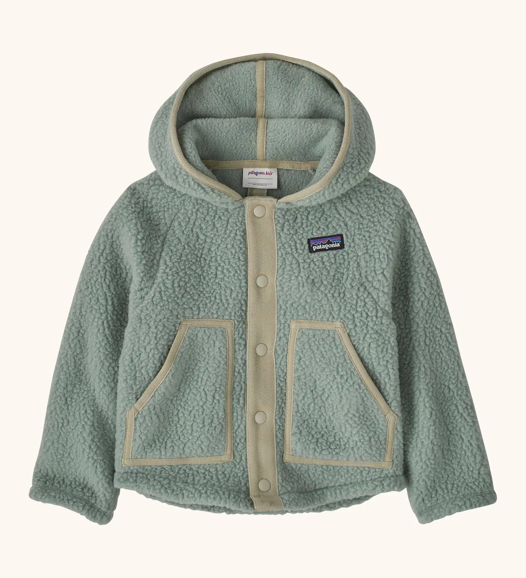 Patagonia little kids retro pile soft fleece hooded jacket in sage green with muted trim. Features full front popper fasteners and pockets