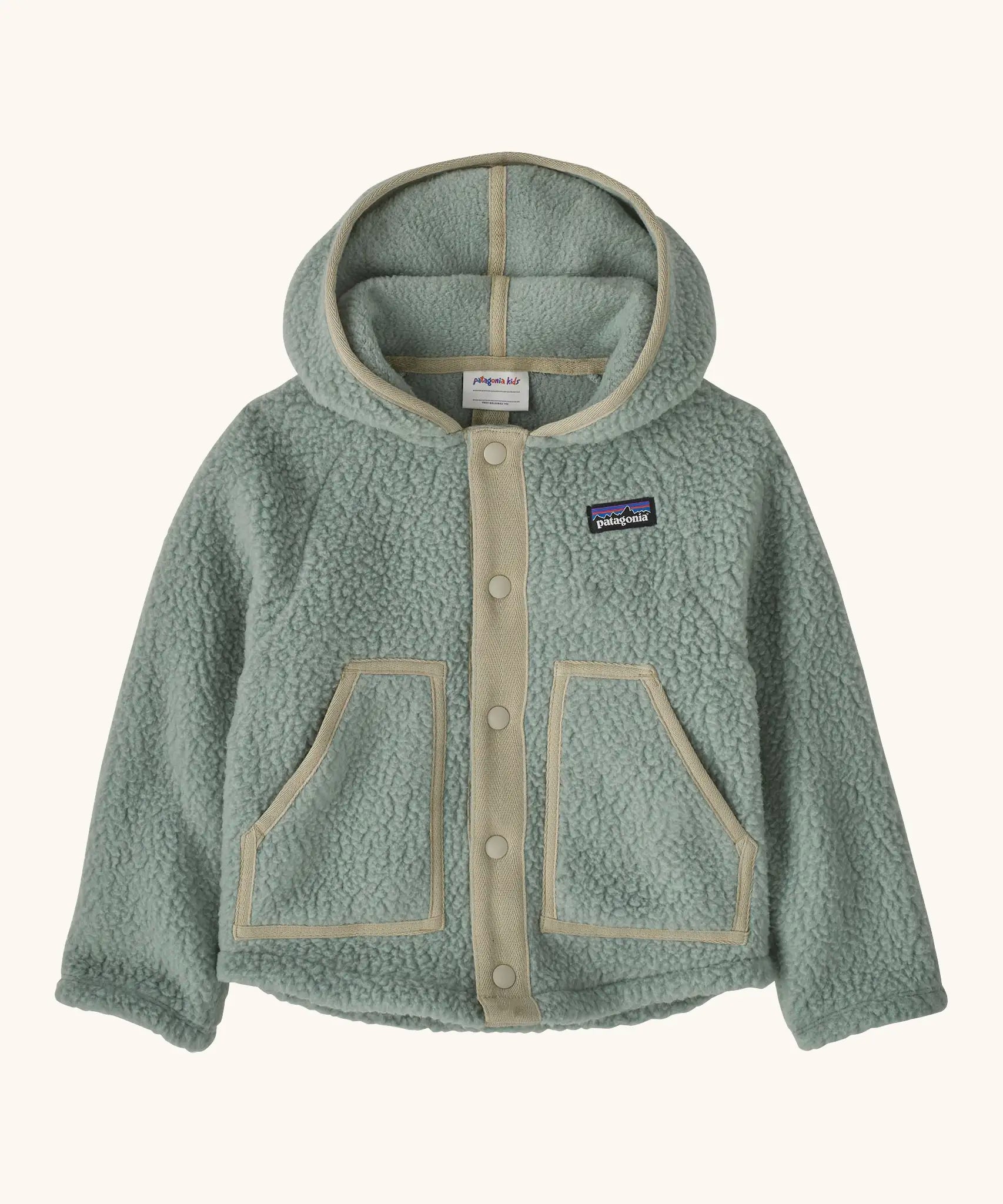 Patagonia little kids retro pile soft fleece hooded jacket in sage green with muted trim. Features full front popper fasteners and pockets