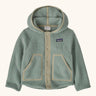 Patagonia little kids retro pile soft fleece hooded jacket in sage green with muted trim. Features full front popper fasteners and pockets
