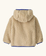 Back of Patagonia little kids retro x pile fleece hooded jacket in beige showing a blue trim on the cuff and hem