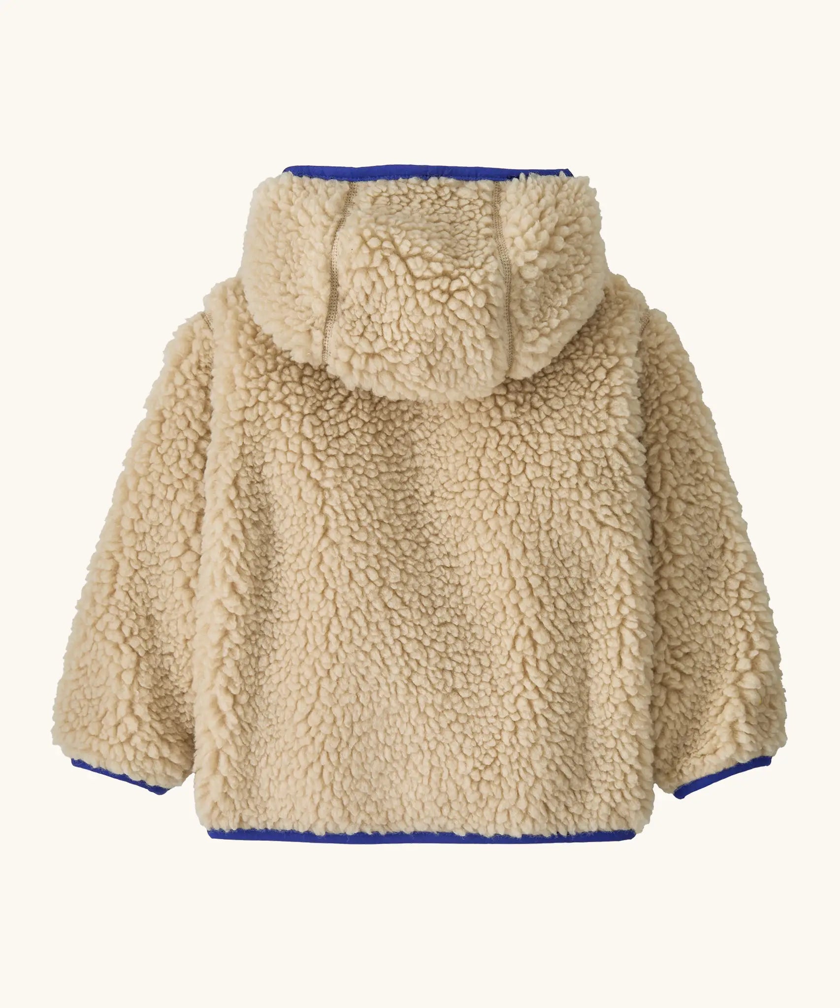 Back of Patagonia little kids retro x pile fleece hooded jacket in beige showing a blue trim on the cuff and hem