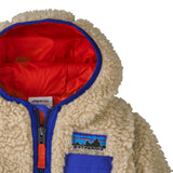 Patagonia little kids retro x hoody in dark natural available at Babipur showing small chest hood and blue trim detail