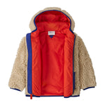 Patagonia little kids retro x hoody in dark natural available at Babipur showing the bright orange inside inner liner