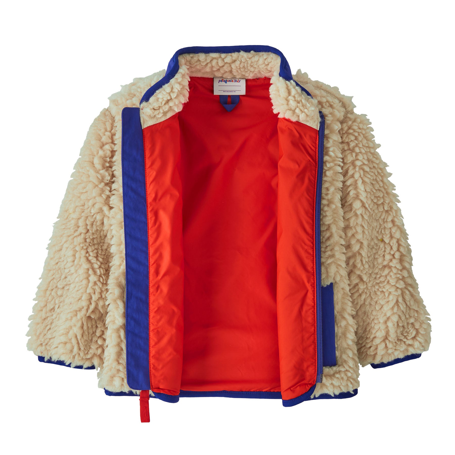 Patagonia little kids retro x jacket in dark natural available at Babipur showing the bright orange inner liner