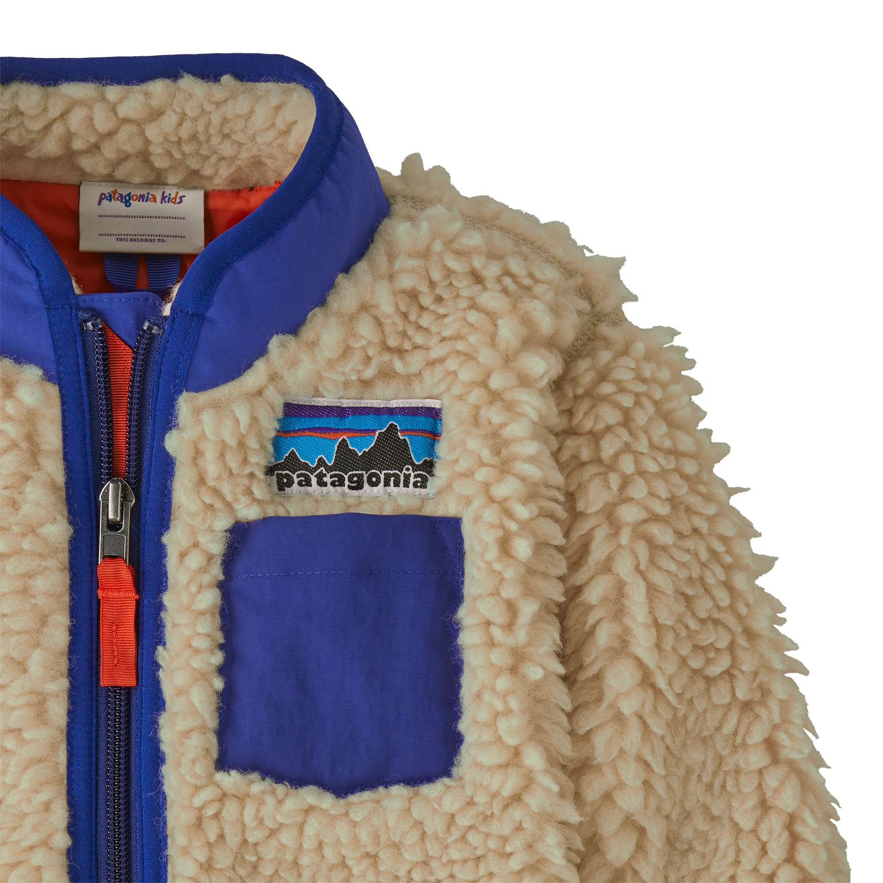 Patagonia little kids retro x jacket in dark natural available at Babipur showing the zip and chest pocket detail