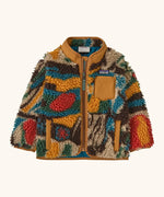 Patagonia little kids retro x pile fleece jacket with a colourful pattern and brown trim. Shows a full front zip, side and chest pockets