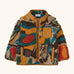 Patagonia little kids retro x pile fleece jacket with a colourful pattern and brown trim. Shows a full front zip, side and chest pockets