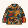 Patagonia little kids retro x pile fleece jacket with a colourful pattern and brown trim. Shows a full front zip, side and chest pockets