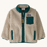 Patagonia little kids retro x jacket in dark natural/cascade green available at Babipur. A 100% recycled polyester and pile fleece jacket in cream with dark green trim. Features a full length zip, 2 side pockets and a chest pocket