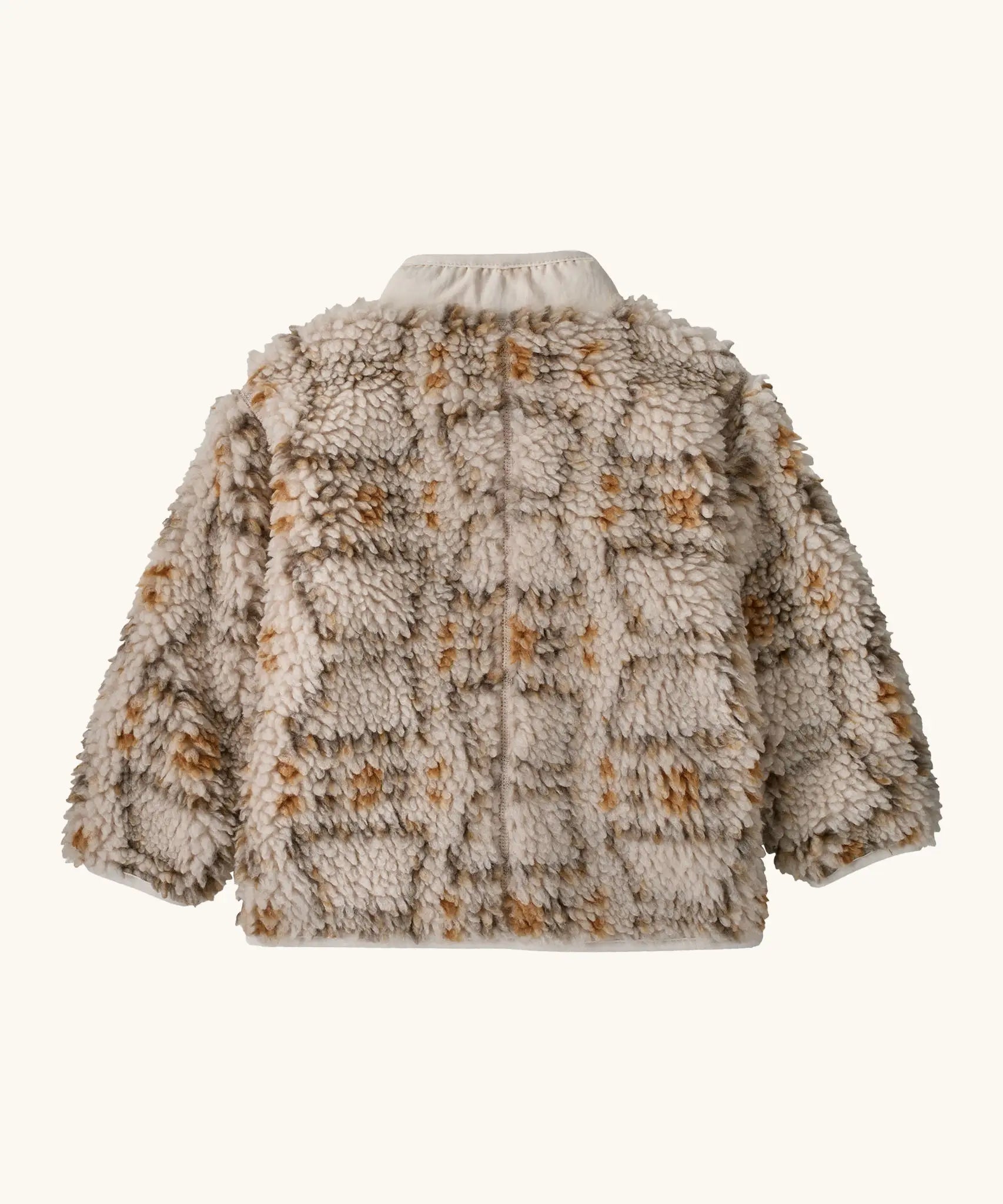 Back of Patagonia little kids retro x pile fleece jacket in warm brown pattern with a neutral turn up collar 