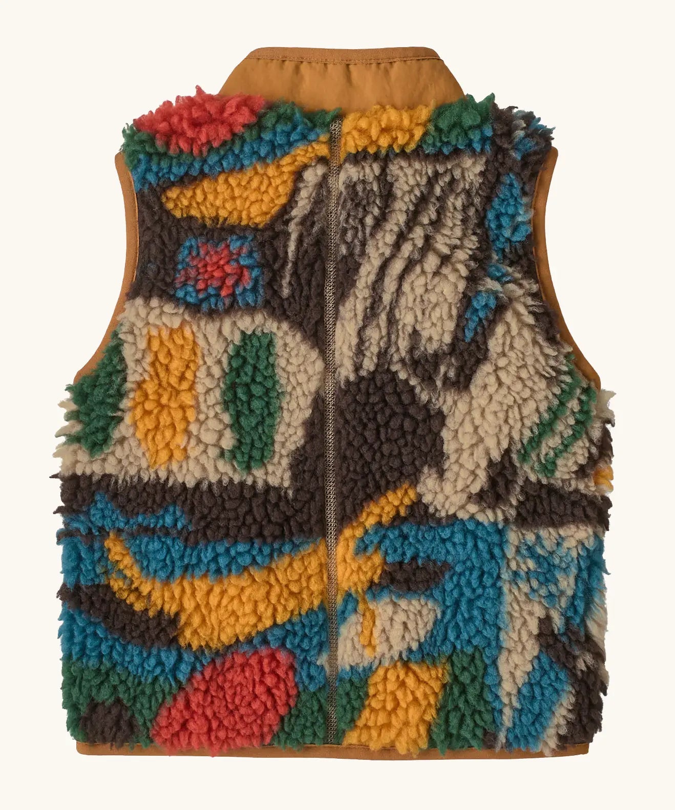 Back of Patagonia 100% recycled polyester little kids retro x high pile fleece vest with abstract design and brown turn up collar
