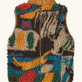 Back of Patagonia 100% recycled polyester little kids retro x high pile fleece vest with abstract design and brown turn up collar