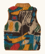Back of Patagonia 100% recycled polyester little kids retro x high pile fleece vest with abstract design and brown turn up collar