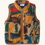 Patagonia 100% recycled polyester little kids retro x high pile fleece vest with abstract design and brown trim. Features a full length zip, side and chest pockets 