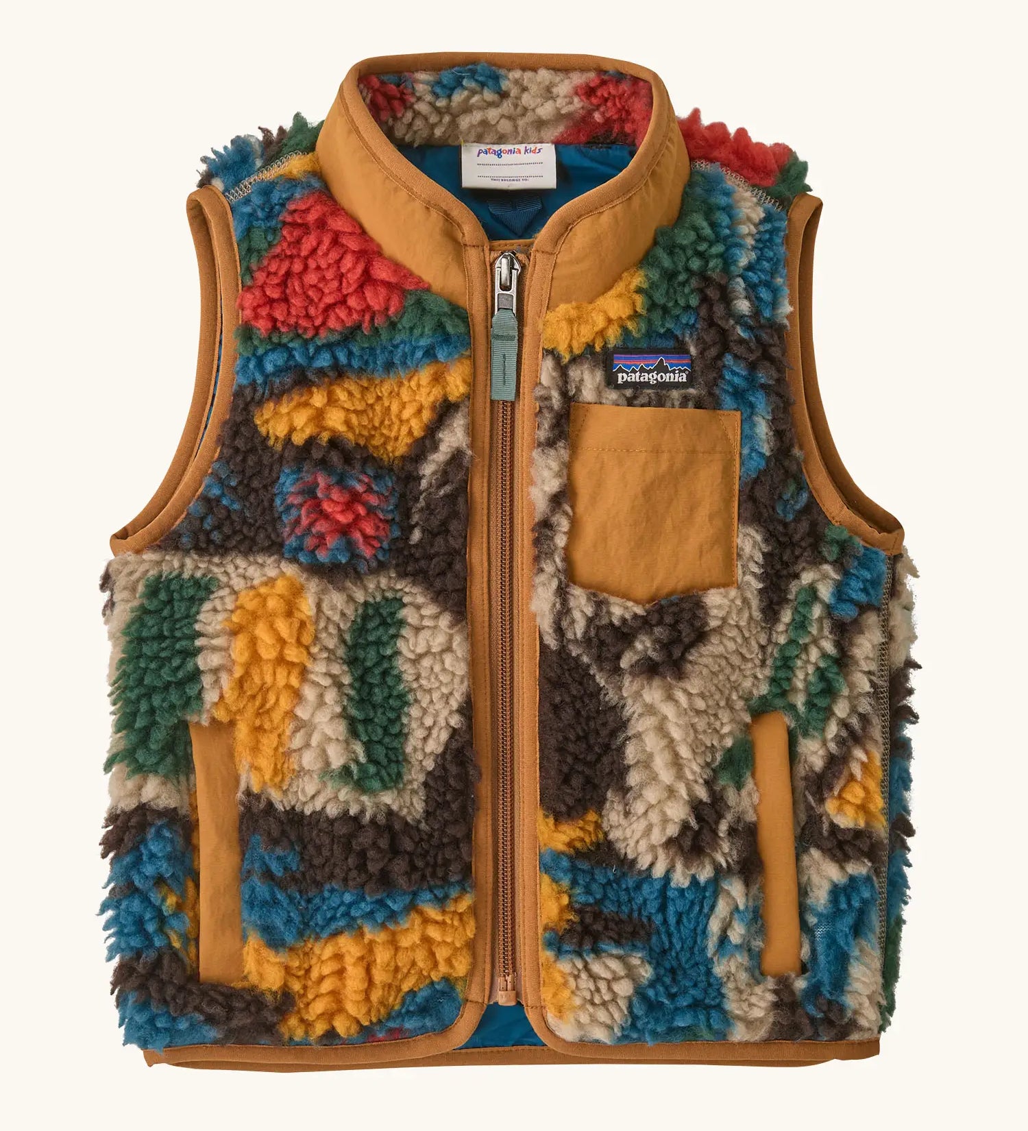 Patagonia 100% recycled polyester little kids retro x high pile fleece vest with abstract design and brown trim. Features a full length zip, side and chest pockets 