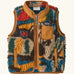 Patagonia 100% recycled polyester little kids retro x high pile fleece vest with abstract design and brown trim. Features a full length zip, side and chest pockets 