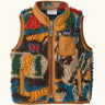 Patagonia 100% recycled polyester little kids retro x high pile fleece vest with abstract design and brown trim. Features a full length zip, side and chest pockets 
