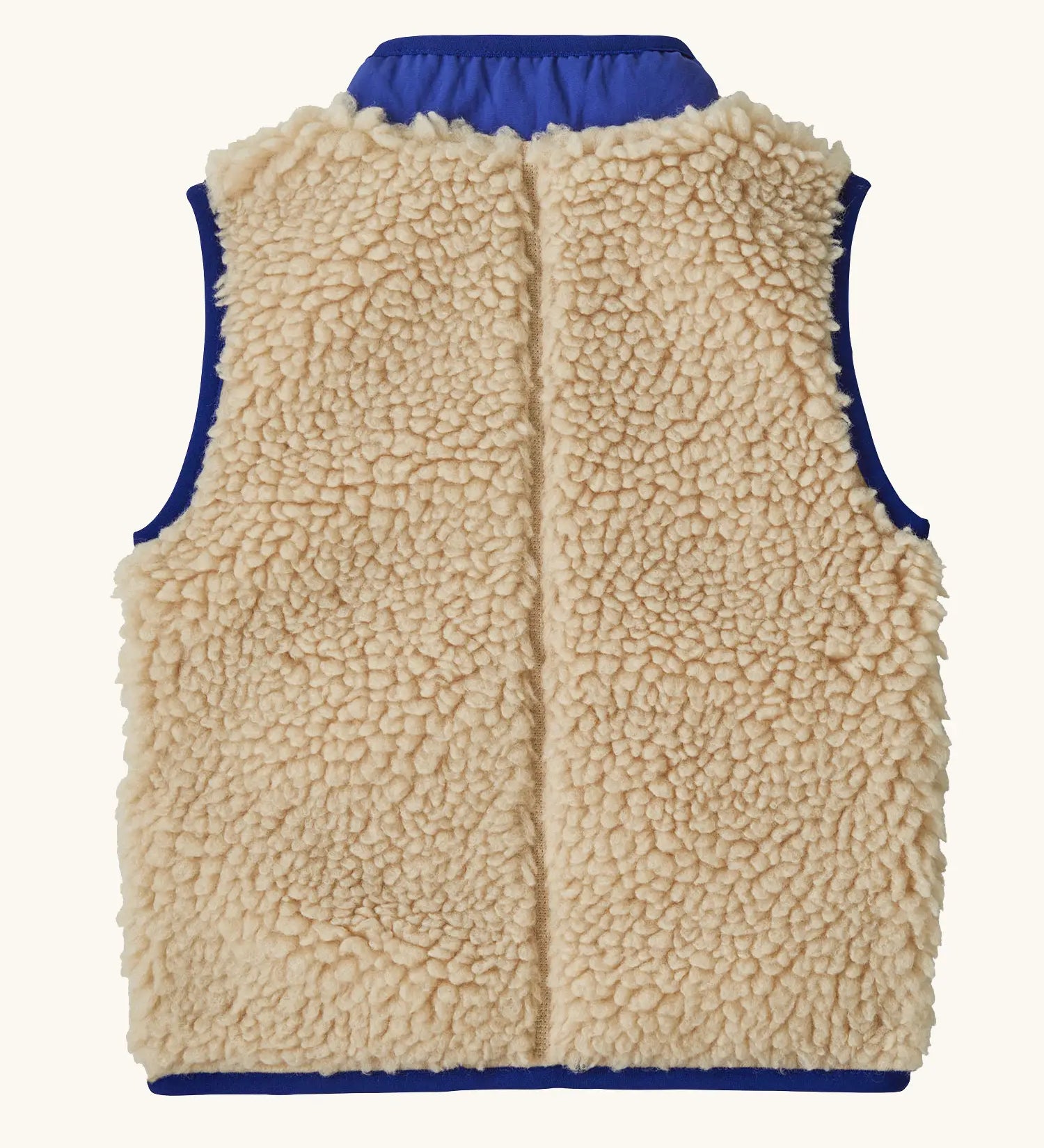 Back of Patagonia's little kids retro x high pile fleece vest in beige showing coloured hem trim and stand up collar