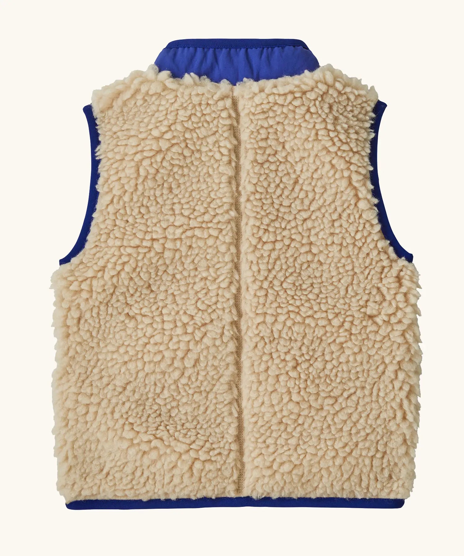 Back of Patagonia's little kids retro x high pile fleece vest in beige showing coloured hem trim and stand up collar