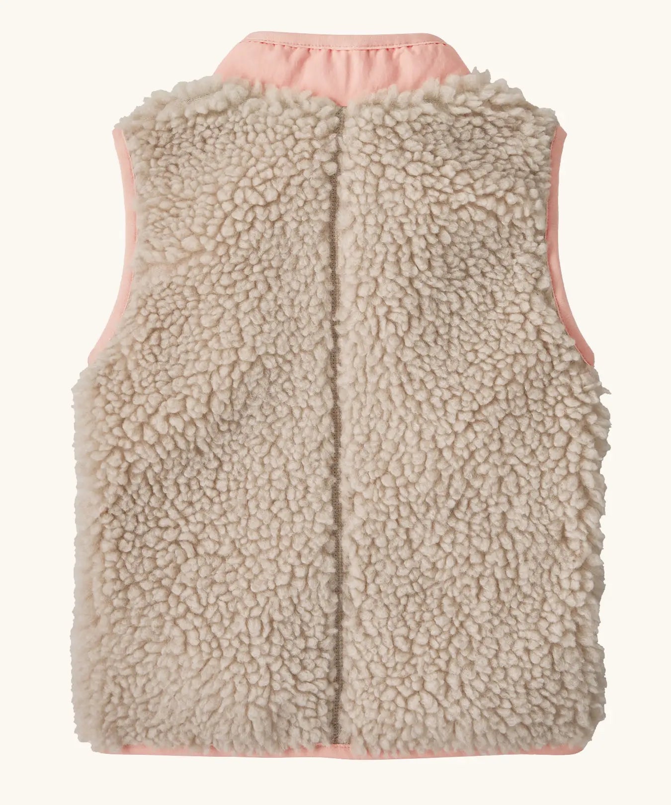 Back of Patagonia 100% recycled polyester little kids retro x high pile fleece vest in beige with a pink turn up collar 