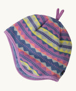Patagonia little kids in diamond stripe/brisk purple design available at Babipur. A reversible hat which features a purple beanie with different coloured diamonds with purple decorative tabs on top and matching fur on the inside to keep the head and ears warm. 
