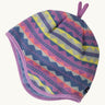 Patagonia little kids in diamond stripe/brisk purple design available at Babipur. A reversible hat which features a purple beanie with different coloured diamonds with purple decorative tabs on top and matching fur on the inside to keep the head and ears warm. 