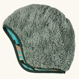 Patagonia baby cosy reversible beanie hat in diamond stripe/snowmelt showing a 100% recycled polyester green fleece pile outer